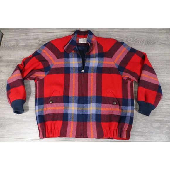 Pendleton Vintage Blue Plaid Wool wool Zip Bomber Jacket Women's Size Large - Picture 1 of 8